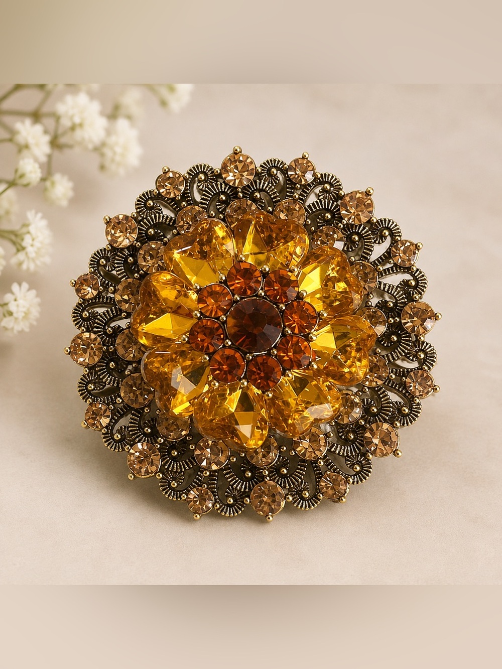 Gold Amber Crystal Floral Brooch - Women Jewelry